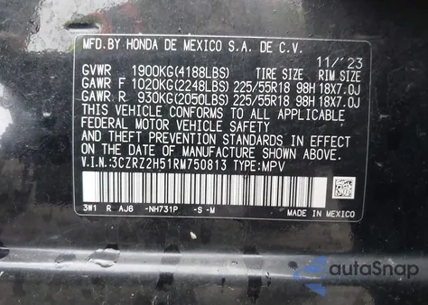 2024 Honda Hr-V Awd Sport/Awd Sport W/O Bsi from USA, damaged, VIN 3CZRZ2H51RM750813